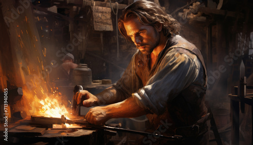 Photo of blacksmith male worker, with iron shop in the background
