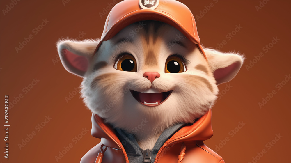 Joyful emotions on the face of a cat in a hooded sweatshirt and a cap. Generated with AI
