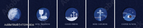 Blue Holy Week Icon Set. Palm Sunday, Maundy Thursday, Good Friday, Holy Saturday, Easter Sunday. Simple Lent Greeting Cards for holy week. Vector Illustration.