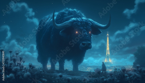 Majestic Bison with Glowing Eyes in Snowy Paris at Night © Mathieu