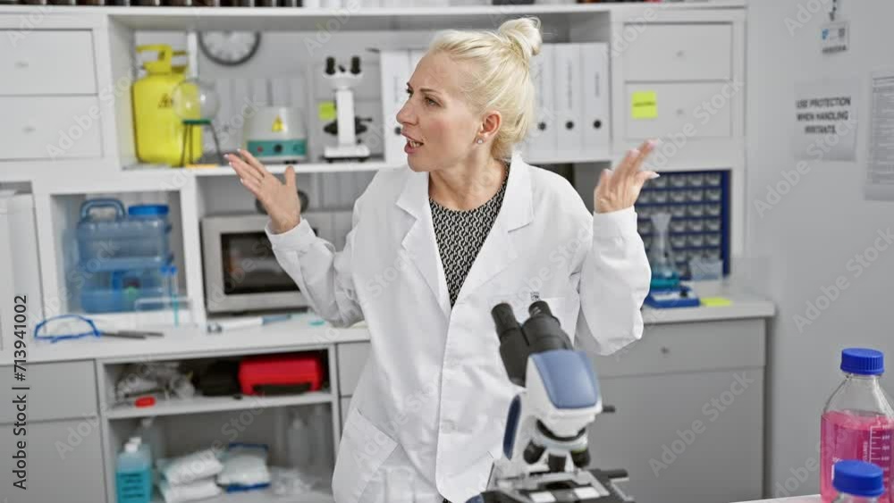 Enraged blonde scientist in lab, young woman in uniform unleashes furious, frustrated scream of aggression and anger. unhappy, stressed adult wearing coat at indoor pharmacy center. Enraged blonde scientist in lab, young woman in uniform unleashes furious, frustrated scream of aggression and anger. unhappy, stressed adult wearing coat at indoor pharmacy center.