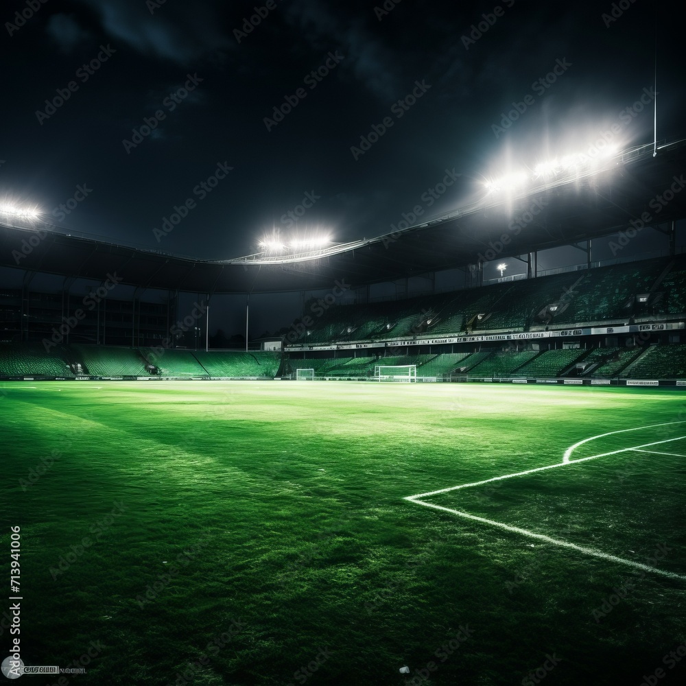 A large empty green playground, a multi-purpose grass stadium illuminated by floodlights in the dark at night.