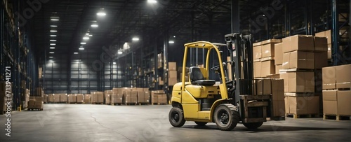 forklift running carrying pallet boxes, at the logistics distribution center, at night