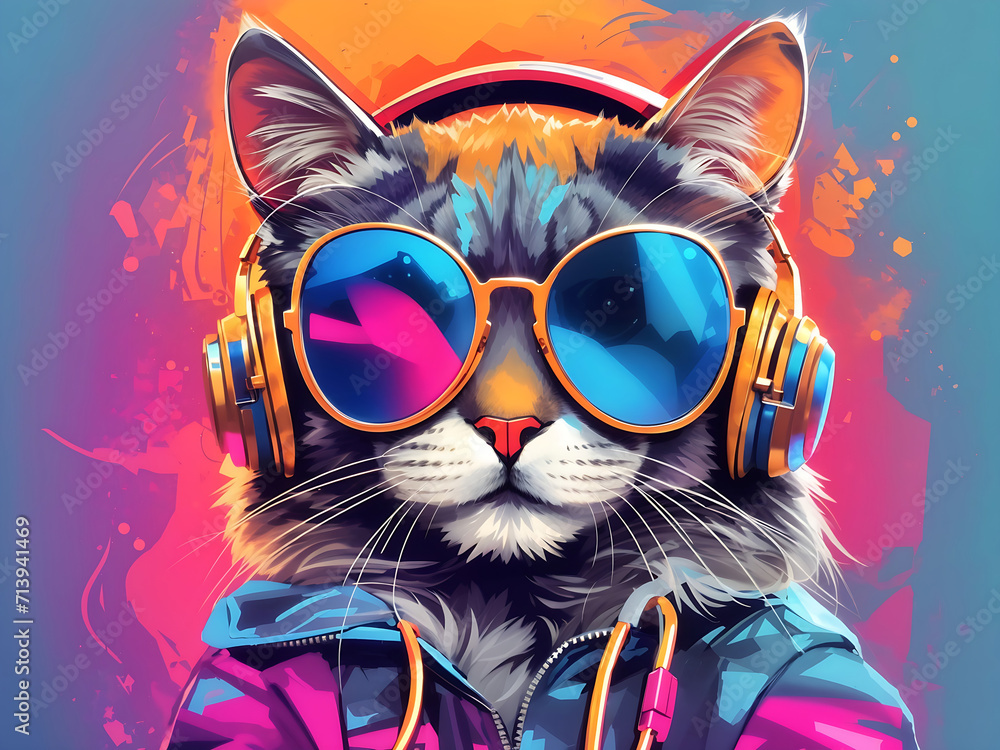 Cool cat in headphones and sunglasses listens to music. Close portrait of furry kitty in fashion style. Generative AI illustration. Printable design for t-shirts, mugs, cases, etc design.