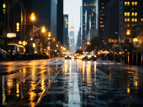A rainy street at night with blurred city lights  captured in a long exposure photograph.