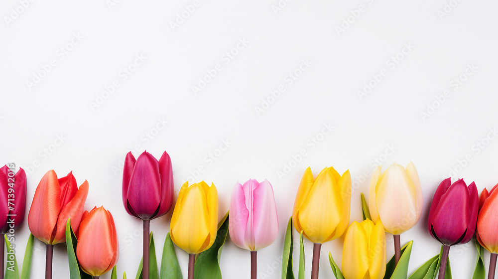 Colorful Tulips Blossoming in Spring Garden, Isolated on White Banner for Copy-Space – Vibrant Floral Nature for Text and Promotion Colorful Tulips Blossoming in Spring Garden, Isolated on White Banner for Copy-Space – Vibrant Floral Nature for Text and Promotion