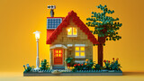 charming scene featuring a single house made entirely of toy blocks with solar panel for energy saving