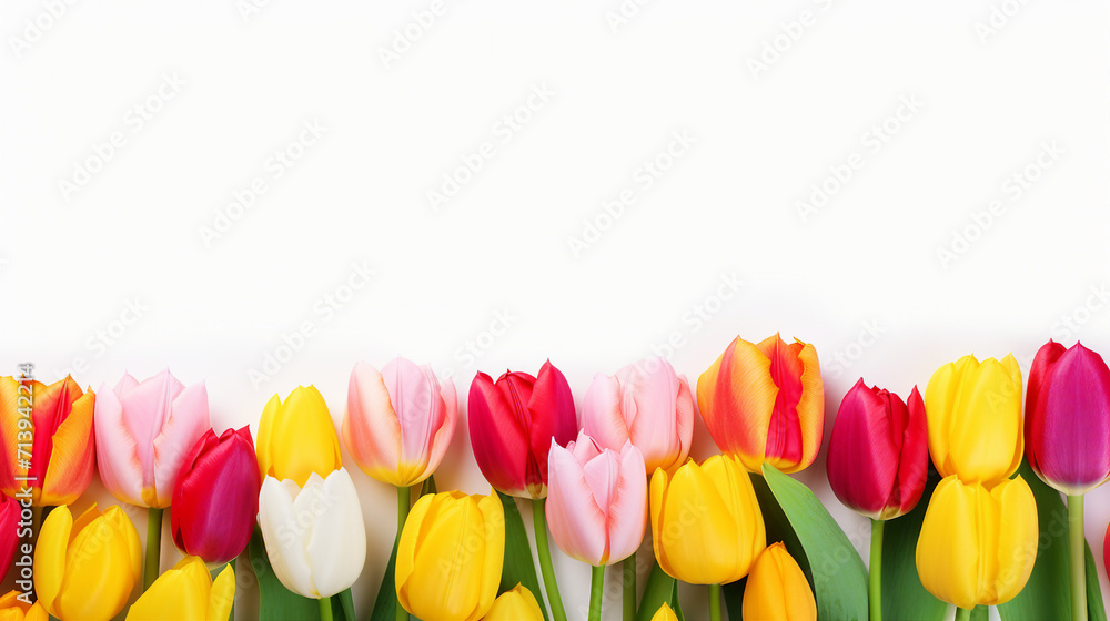 Colorful Tulips Blossoming in Spring Garden, Isolated on White Banner for Copy-Space – Vibrant Floral Nature for Text and Promotion Colorful Tulips Blossoming in Spring Garden, Isolated on White Banner for Copy-Space – Vibrant Floral Nature for Text and Promotion