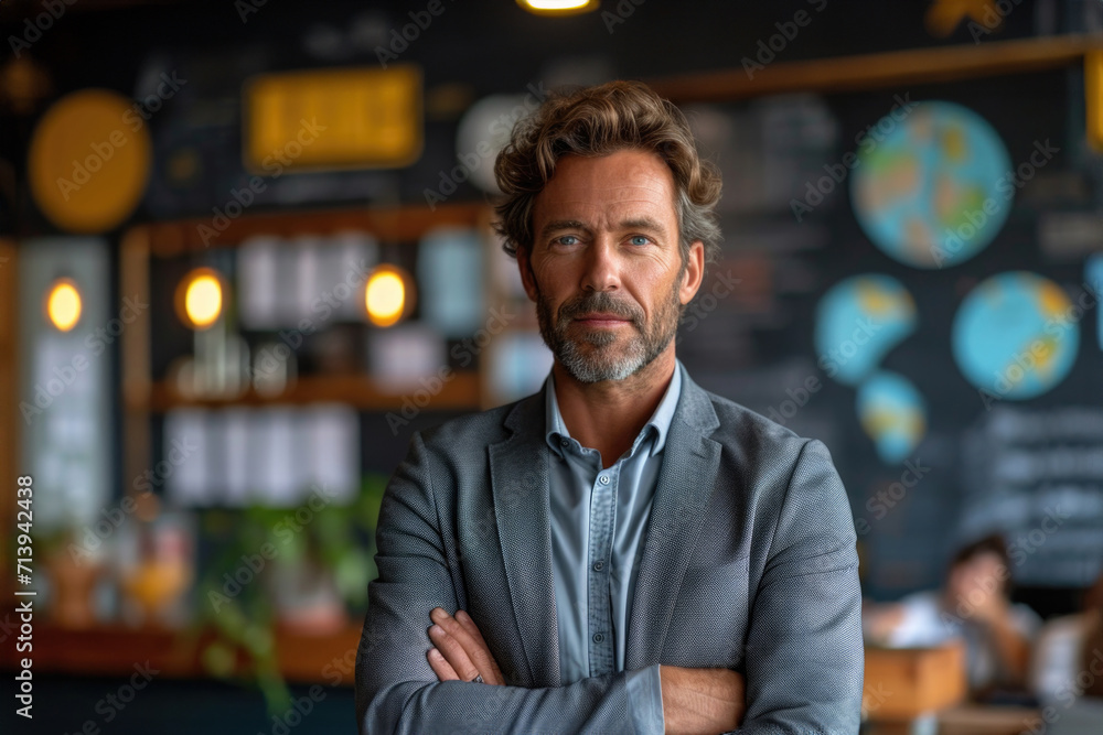 Positive businessman standing with arms crossed in cafe Positive businessman standing with arms crossed in cafe