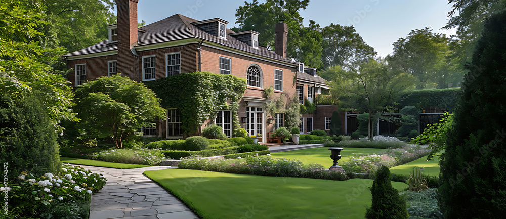 a large exterior of a brick home with a garden path, in the style of iconic american, beautiful interiors 