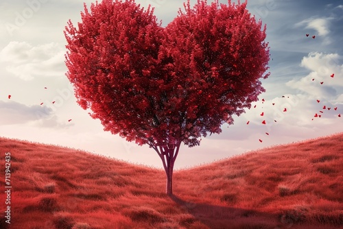 A Landscape Adorned with a Red Heart-Shaped Tree, Setting the Scene for Valentine's Day