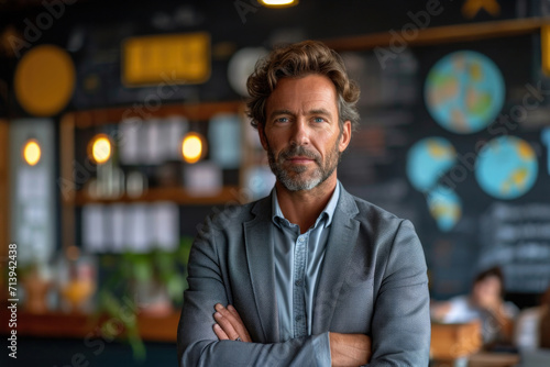 Positive businessman standing with arms crossed in cafe
