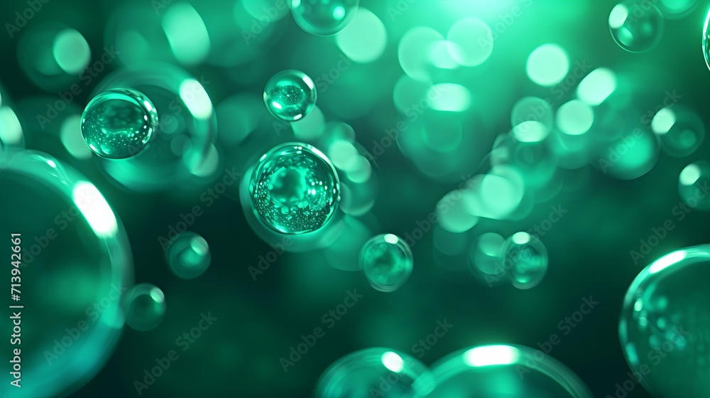 Abstract neon green particles of liquid Glowing orbs background. Shiny transparent gradient backdrop. Strong depth of field.  
