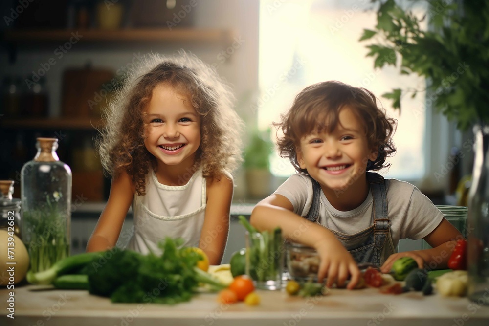 Make portrait of kids playing and smiling in kitchen kids day concept Make portrait of kids playing and smiling in kitchen kids day concept