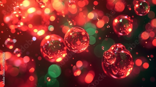 Abstract red green particles of liquid Glowing orbs background. Shiny transparent gradient backdrop. Strong depth of field. 
