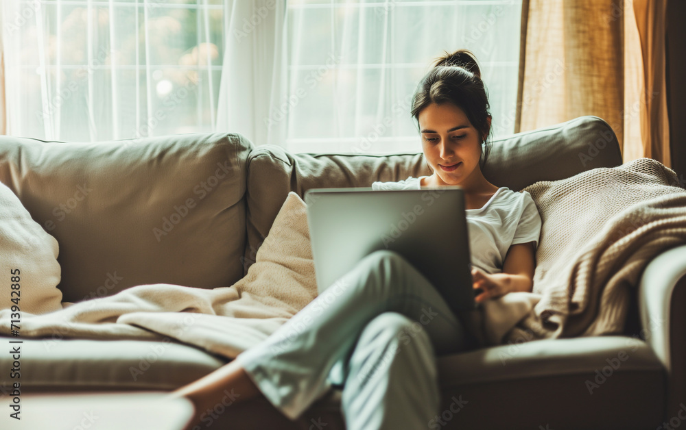 Woman is relaxing on comfortable couch and using laptop at home Woman is relaxing on comfortable couch and using laptop at home