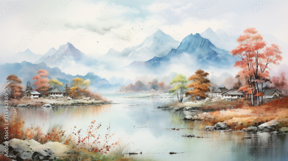 Colorful autumn ink landscape painting