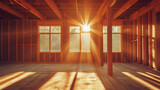 a house under construction with wooden framing, in the style of light-filled interiors, wood, focus on materials, light orange 