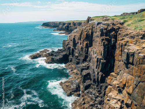 A raw image of a rocky cliff with a stunning ocean view in a 52 style.