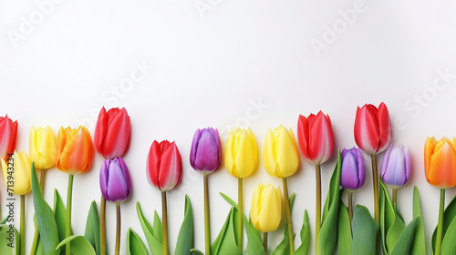 Colorful Tulips Blossoming in Spring Garden  Isolated on White Banner for Copy-Space     Vibrant Floral Nature for Text and Promotion