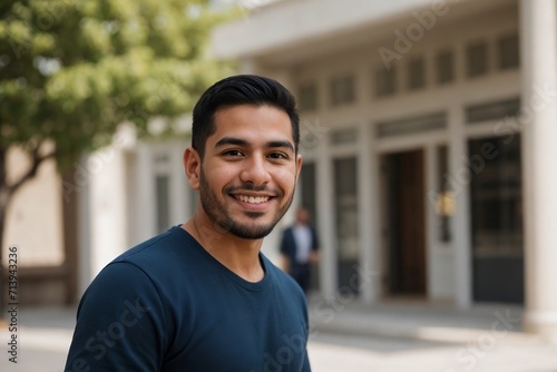 A happy Hispanic man walking outside, smiling and looking at the camera.