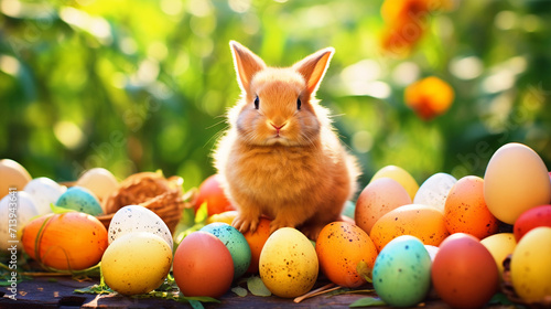 Cute Easter rabbit with easter eggs sitting in a garden - ai generative