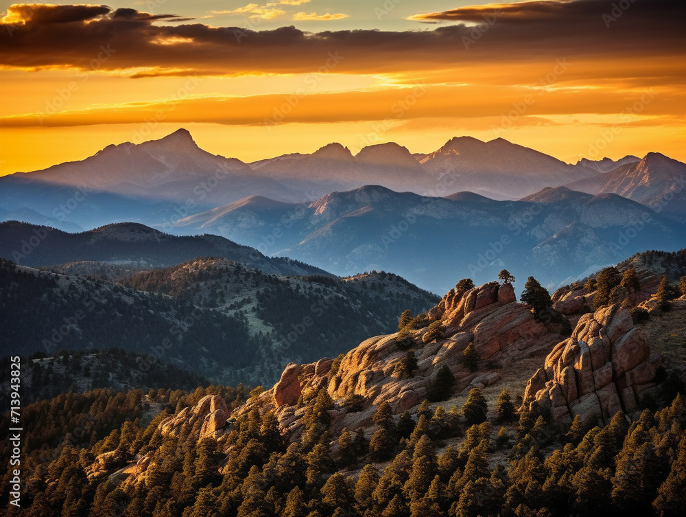 A stunning sunset over the majestic Rocky Mountains with a touch of raw artistic style.