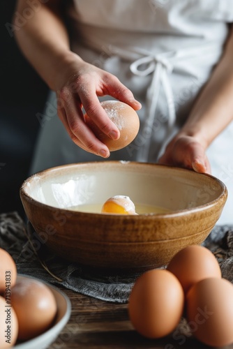 Close-up of a cook's hands whisking eggs in a ceramic bowl, a crucial step in preparing a variety of baked dishes..