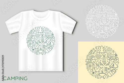 Round set of thin linear icons on the theme of camping and outdoor recreation. Vector concept with t-shirt mockup