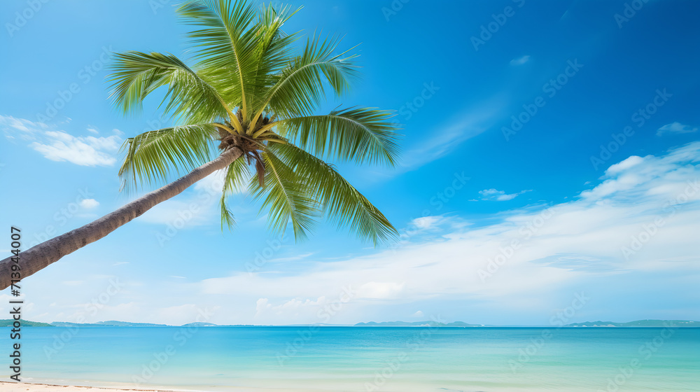 tropical paradise: palm tree by the sea - coastline with single palm growing towards the sea behind a beautiful blue ocean and sky