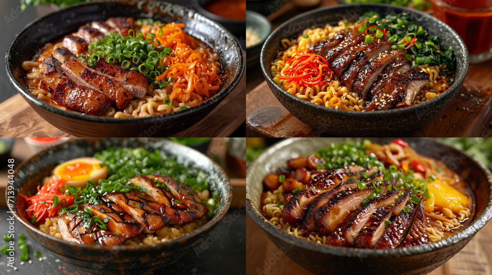 A bowl of delicious ramen noodles with roasted duck and stir-fried vegetables, low-angle shot, homemade food. Asian cuisine.