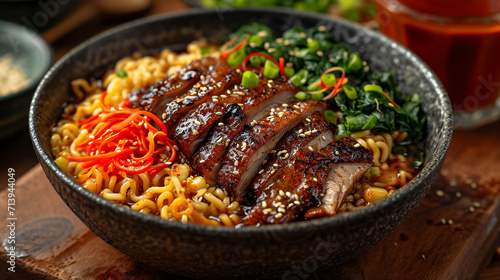 A bowl of delicious ramen noodles with roasted duck and stir-fried vegetables, low-angle shot, homemade food. Asian cuisine.