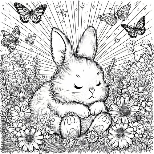 fluffy bunny in a field of flowers coloring page. generative ai