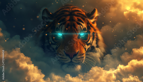 Majestic Tiger with Glowing Eyes in Fiery Cloudscape