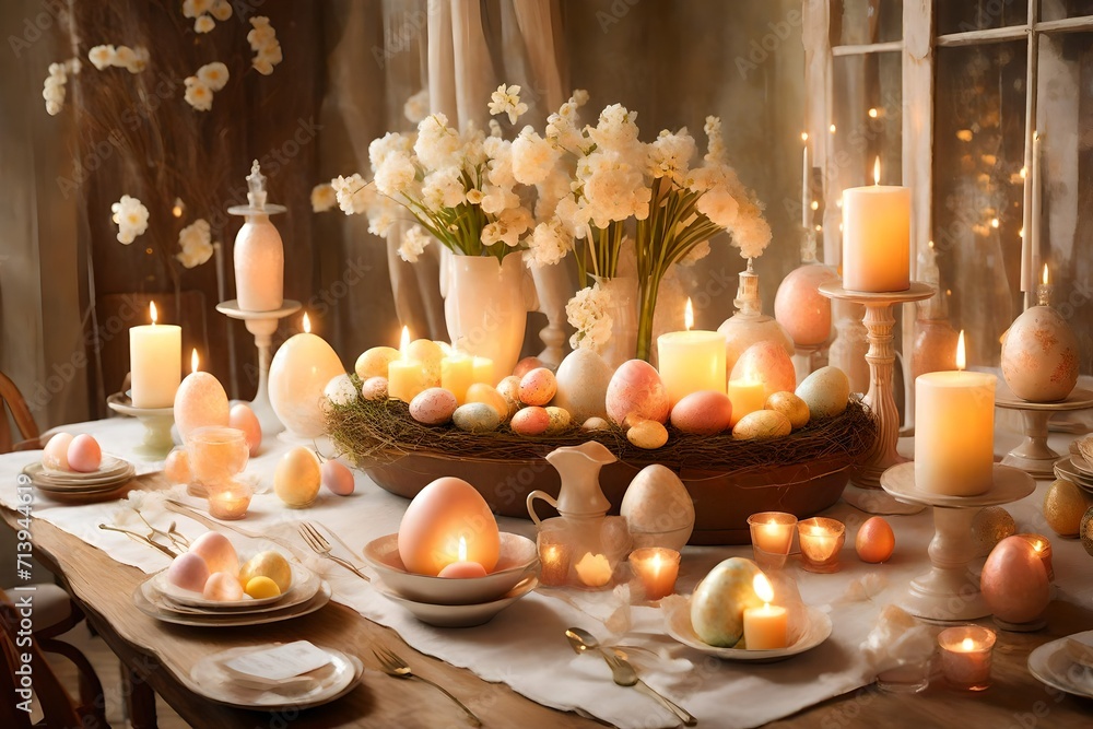 A tabletop adorned with Easter egg candles, delicate flower arrangements, and vintage-inspired decor. The soft lighting enhances the ambiance of the festive display.
