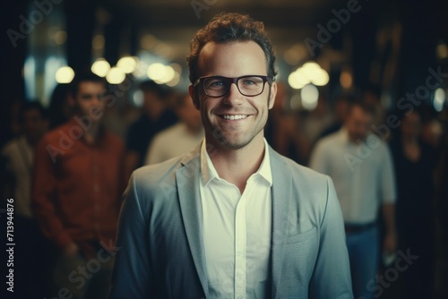 Man in business clothes and glasses smiling in the office, colleagues in the background, professional environment