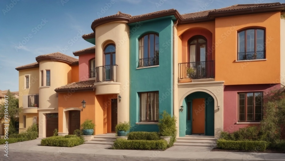 Traditional private townhouses with a vibrant and colorful stucco finish, showcasing a distinctive residential exterior architecture