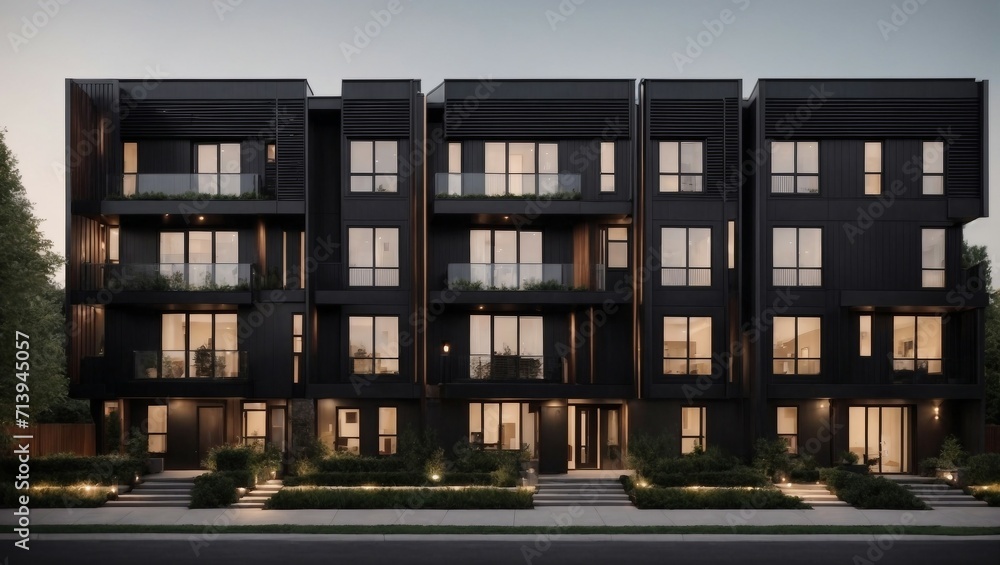 Contemporary modular black townhouses exemplifying modern residential architecture in an urban setting Contemporary modular black townhouses exemplifying modern residential architecture in an urban setting