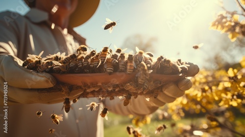 Close-up of beekeeper holding frame with bees on it. © muji