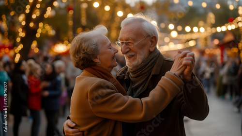 Elderly couple enjoys a romantic dance amidst the festive lights of an evening street fair, surrounded by a crowd.