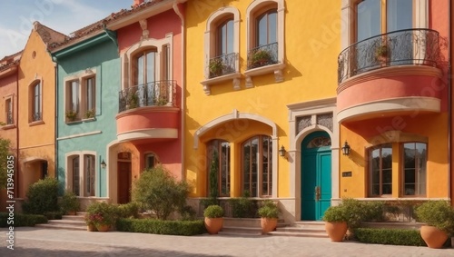 Traditional private townhouses with a vibrant and colorful stucco finish, showcasing a distinctive residential exterior architecture
