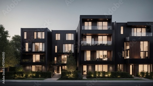 Contemporary modular black townhouses exemplifying modern residential architecture in an urban setting