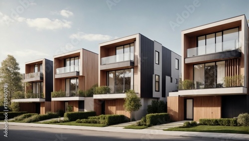 Private townhouses designed with a modern modular aesthetic, featuring a minimalist architectural exterior