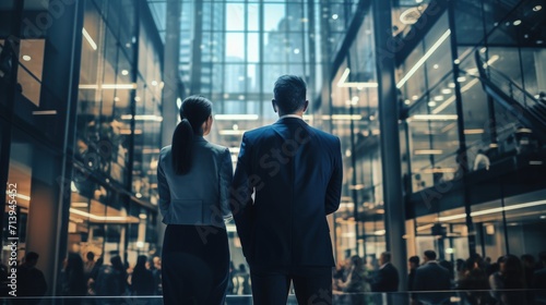 Successful Partnership: Two Business People Standing Together in Corporate Office Building AI Generated