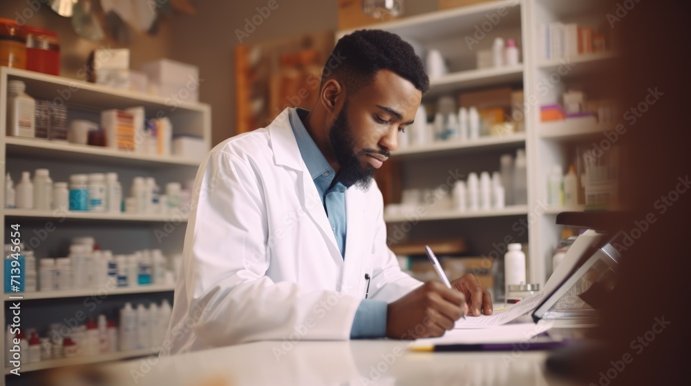 Serious african american male pharmacist writing prescription in pharmacy Generative AI
