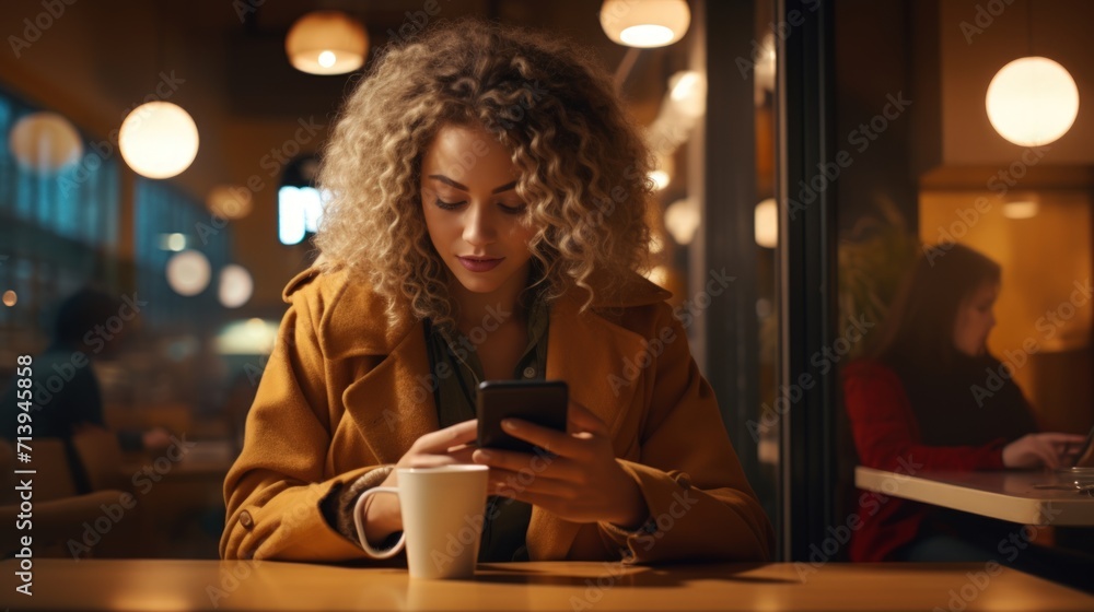 Naklejka premium Portrait of a beautiful young woman using mobile phone in a cafe Generative AI