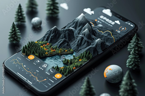 The 3D user interface interface combines  as natural elements such as beach, sea, palms , mountains, trees and clouds that come out of the cellphone