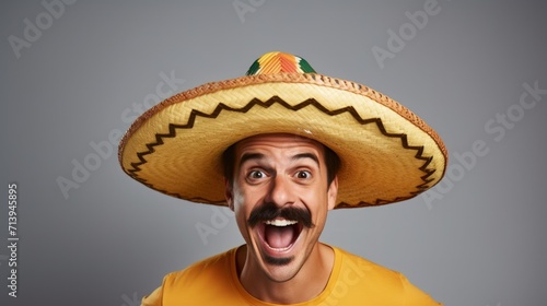 Funny mexican with sombrero hat on grey background Generative AI