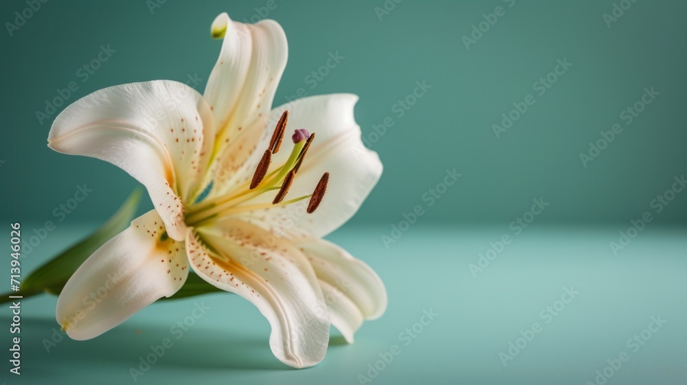 Fototapeta premium Lily flower on a plain green background. 