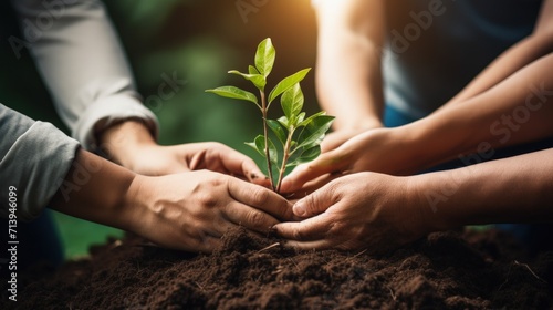 Hands of young people holding green seedling in soil with sunlight Generative AI